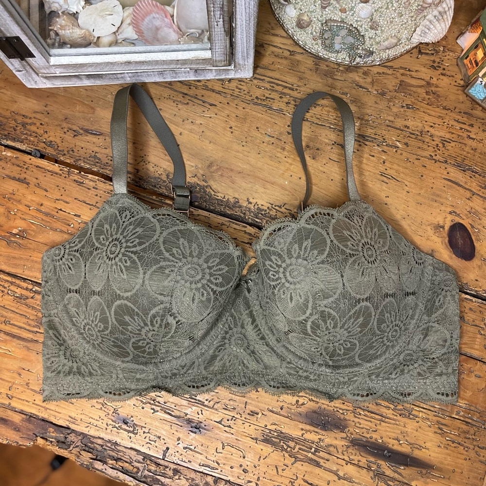 Aerie Real Power Balconette Bra Olive Green Floral Lace 36D